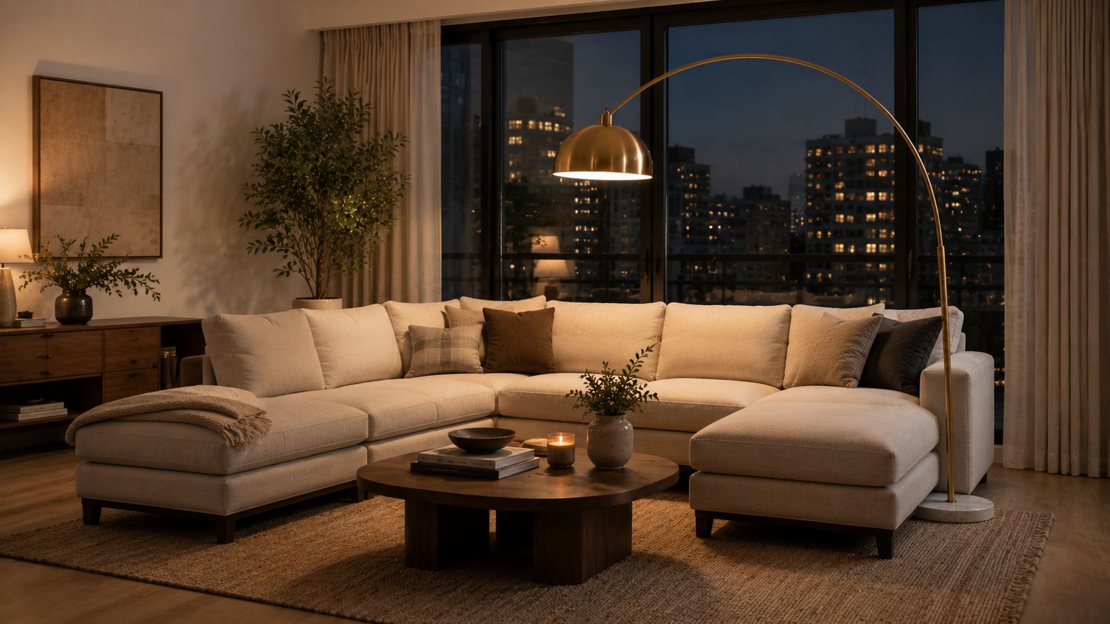 Arc floor lamp reaching over a sectional sofa in a modern apartment