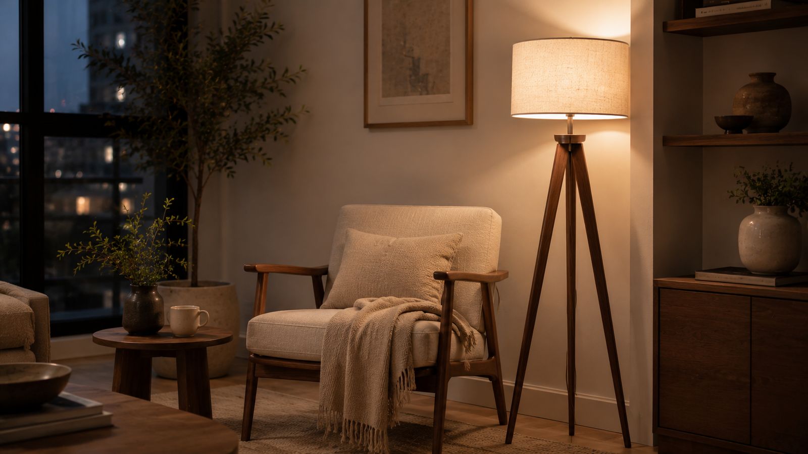 Walnut tripod floor lamp beside a reading chair in a modern living room