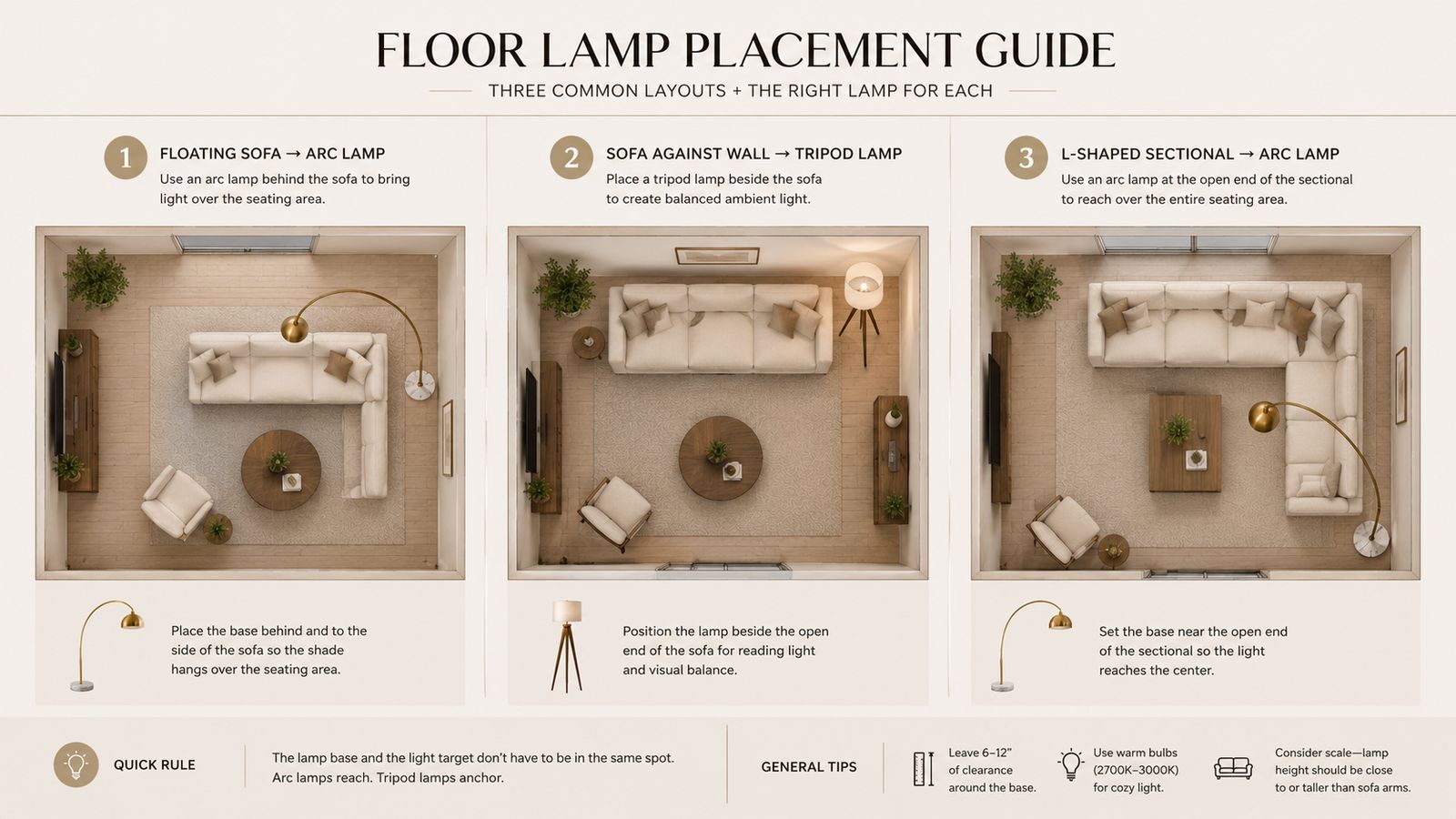 Alt text: Floor lamp placement guide showing three common apartment living room layouts